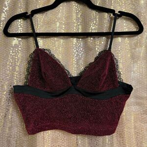Cider Black Maroon Sparkly Glitter Lace Cropped Tank Top Small NWOT